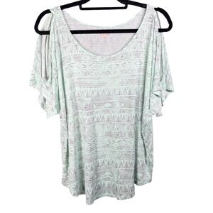 Mudd Scoop Cold Shoulder Women XL Fair Aqua Geometric Print Tee